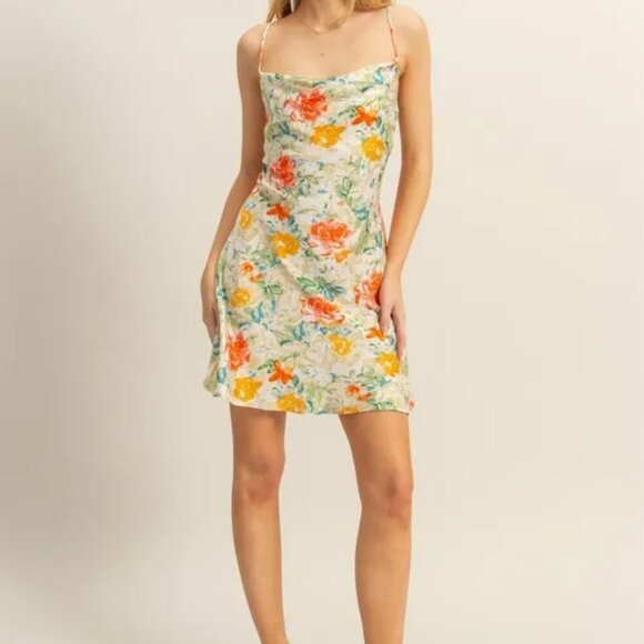 HYFVE Floral Cowl Neck Flirty Satin Mini Dress - Picture 4 of 11